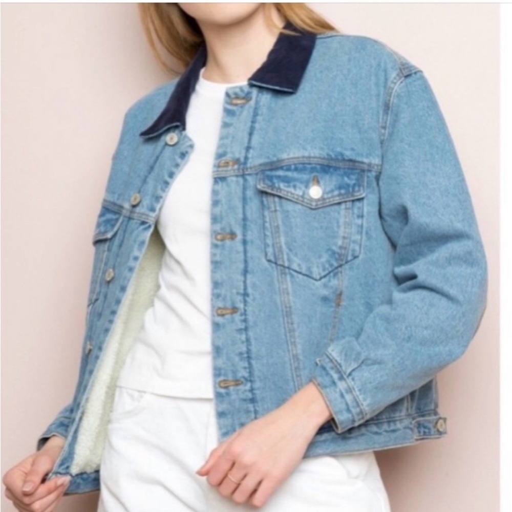 John Galt Shaine Light Blue Denim sherpa‎ Jacket with Dark Blue corduroy Collar,